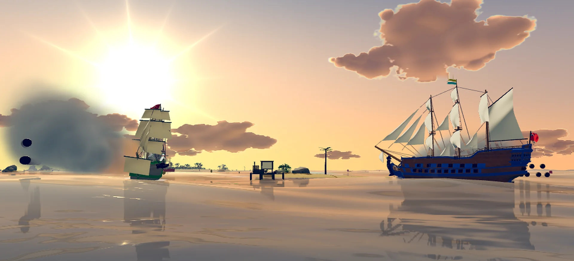 A screenshot from Navy & Brass at sunset: a ship of the line under full sail on the right, and across the water a frigate in a cloud of cannon smoke with the low sun behind her.